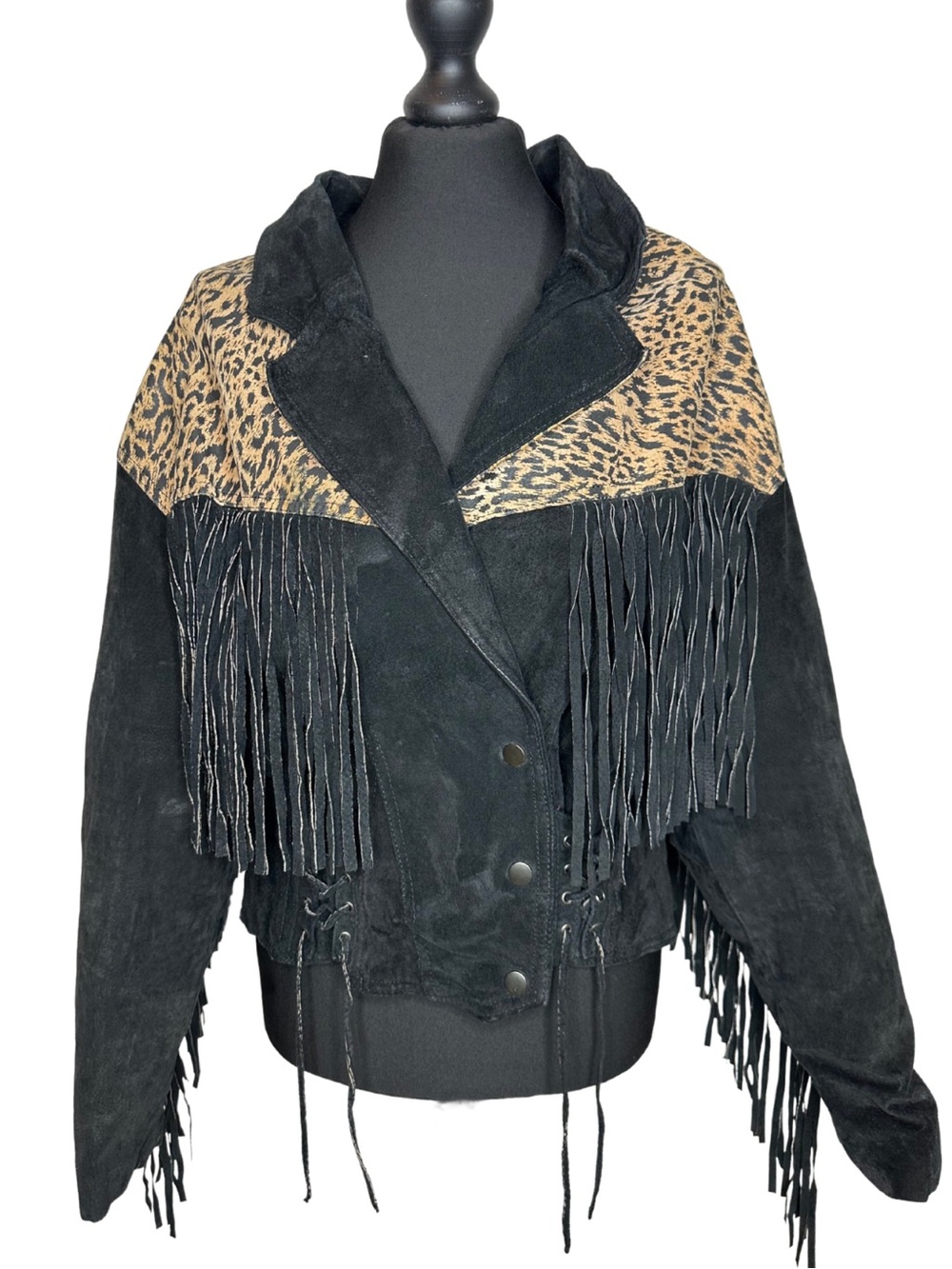 Chia Black & Leopard Print Fringed Suede Leather Jacket Size Small